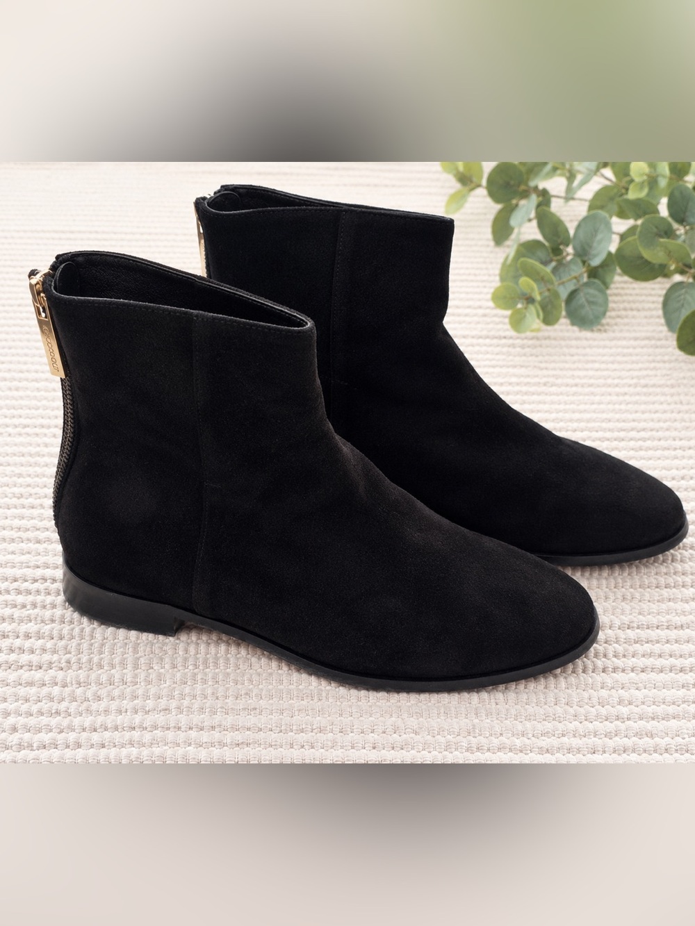 Jimmy Choo Black Suede Ankle Boots 38.5 Italy Gold Zip Quiet Luxury